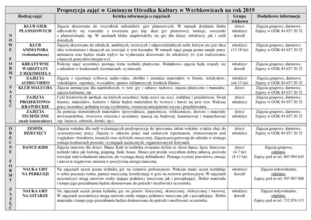 Ulotka z ofertą zajęć GOK Werbkowice na 2019 rok