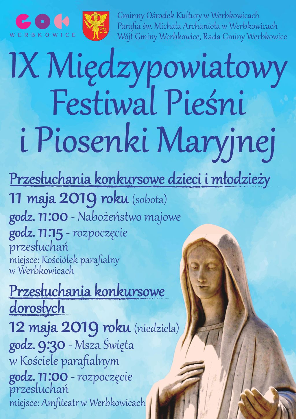 Plakat " IX Międzypowiatowy Festiwal Pieśni i Piosenki Maryjnej - Werbkowice 2019"