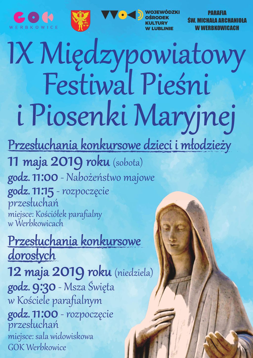 Plakat "IX Międzypowiatowego Festiwalu Pieśni i Piosenki Maryjnej - Werbkowice 2019"