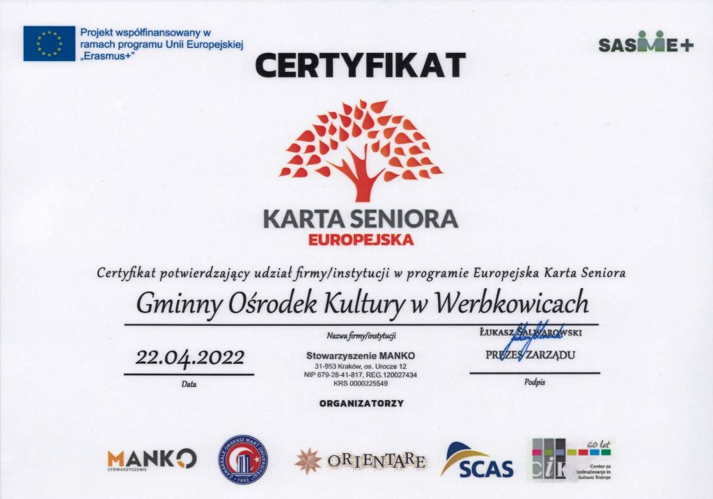 Certyfikat potwierdzający udział w programie Europejska Karta Seniora