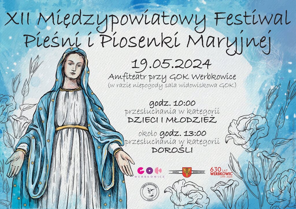 Plakat 12. Międzypowiatowy Festiwal Pieśni i Piosenki Maryjnej 2024