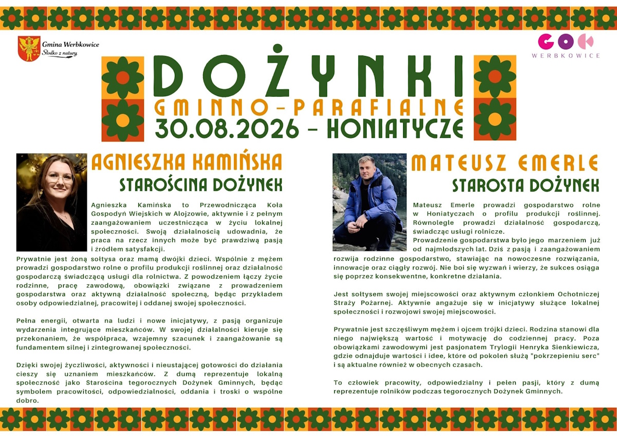 Plakat prezentujący Starostów Dożynek 2026