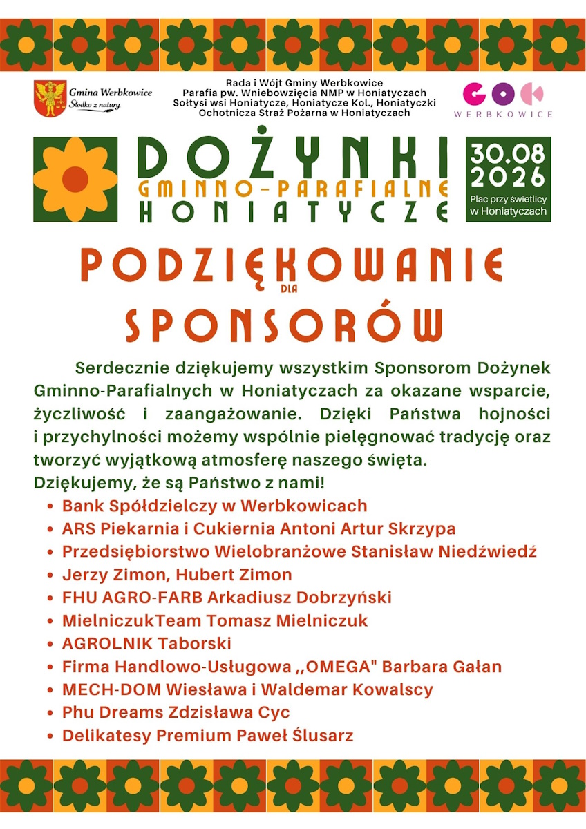 Podziękowania dla Sponsorów Dożynek 2026