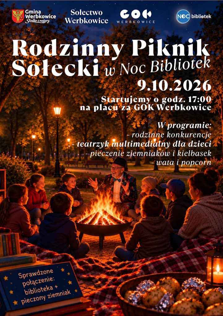 Plakat Rodzinny Piknik Sołecki w Noc Bibliotek